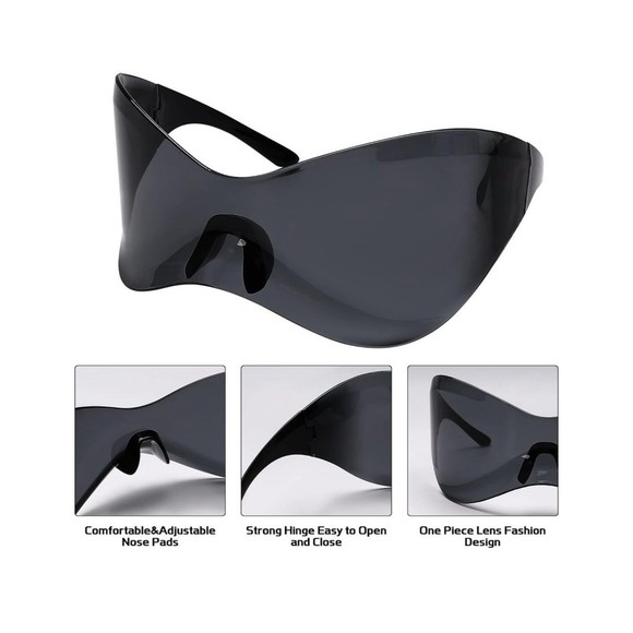 Black Futuristic Sunglasses for Men Women Oversized Wrap Around Shield Fashion - Picture 6 of 8